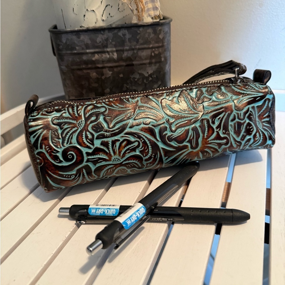 Patricia Nash Tooled Turquoise Pencil Pouch EUC - Picture 2 of 6